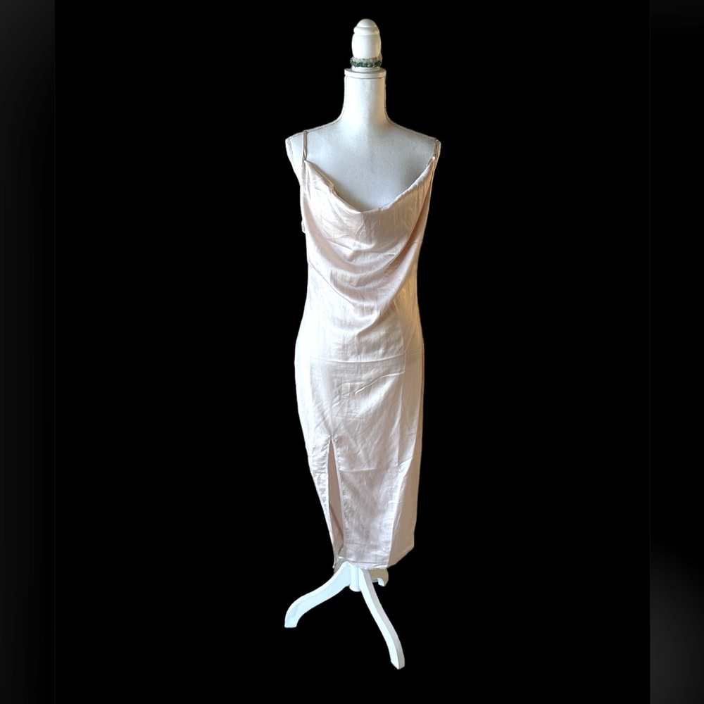 Prettylittlething NWT Champagne Strappy Cowl Neck Satin Midi Slip Dress Size 8